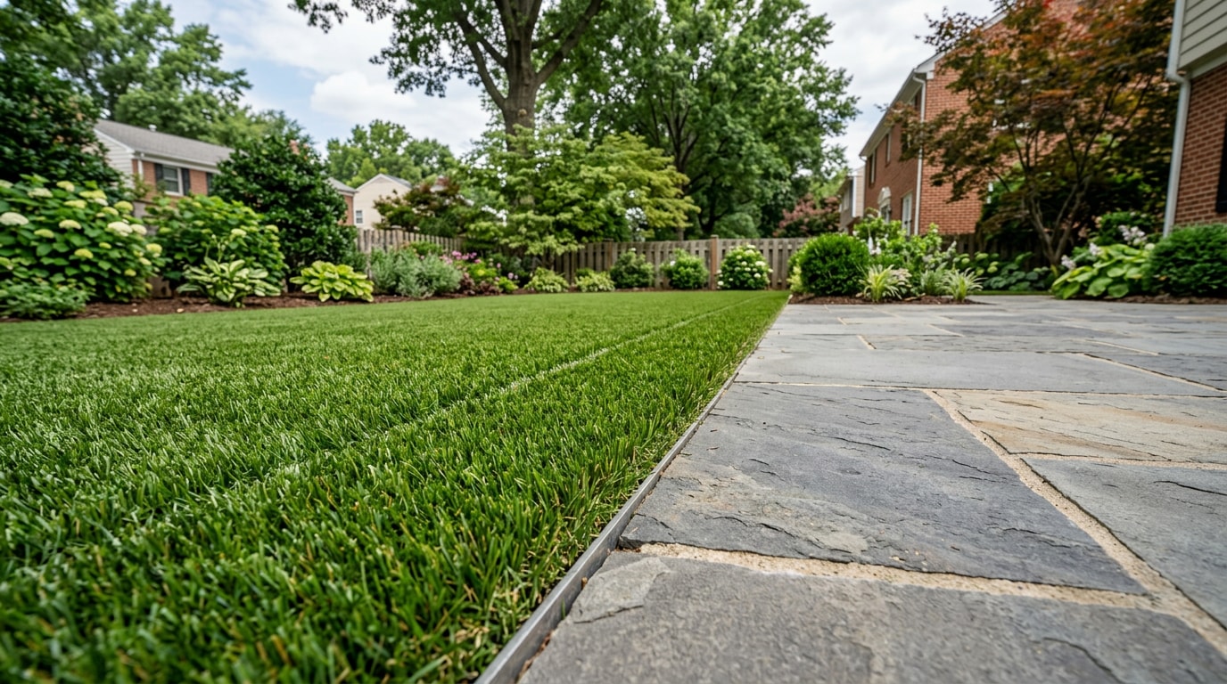 Freshly installed artificial grass lawn bordering a paver patio in an Alexandria, VA backyard Freshly installed artificial grass lawn bordering a paver patio in an Alexandria, VA backyard