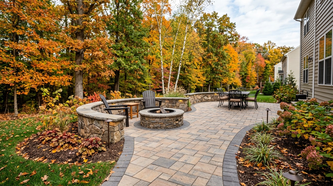 Finished backyard paver patio with retaining wall and fire pit in Fairfax County, VA Finished backyard paver patio with retaining wall and fire pit in Fairfax County, VA