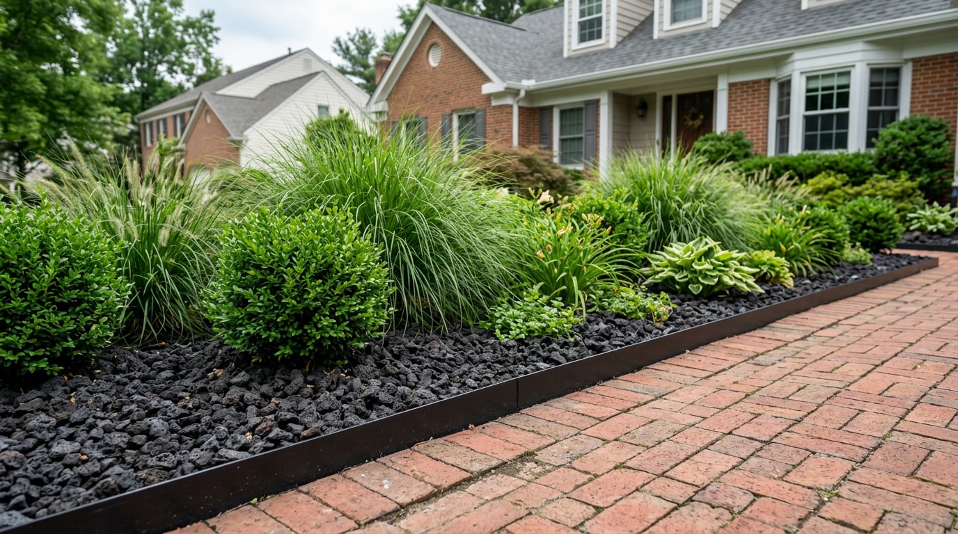 Finished black lava rock landscaping bed around shrubs in a Fairfax County, VA front yard Finished black lava rock landscaping bed around shrubs in a Fairfax County, VA front yard
