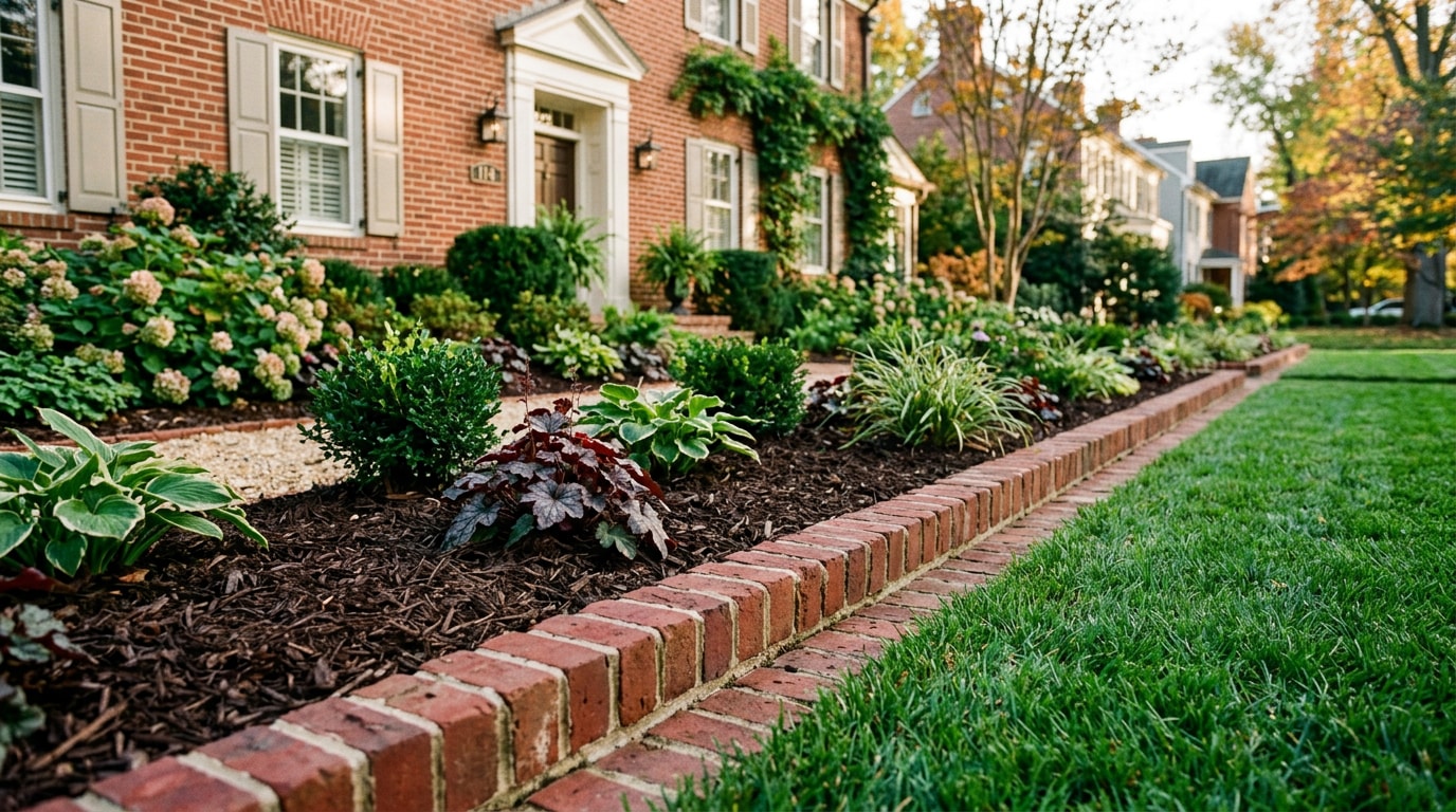 Finished brick edging border separating a mulched garden bed from lawn in Alexandria, VA Finished brick edging border separating a mulched garden bed from lawn in Alexandria, VA