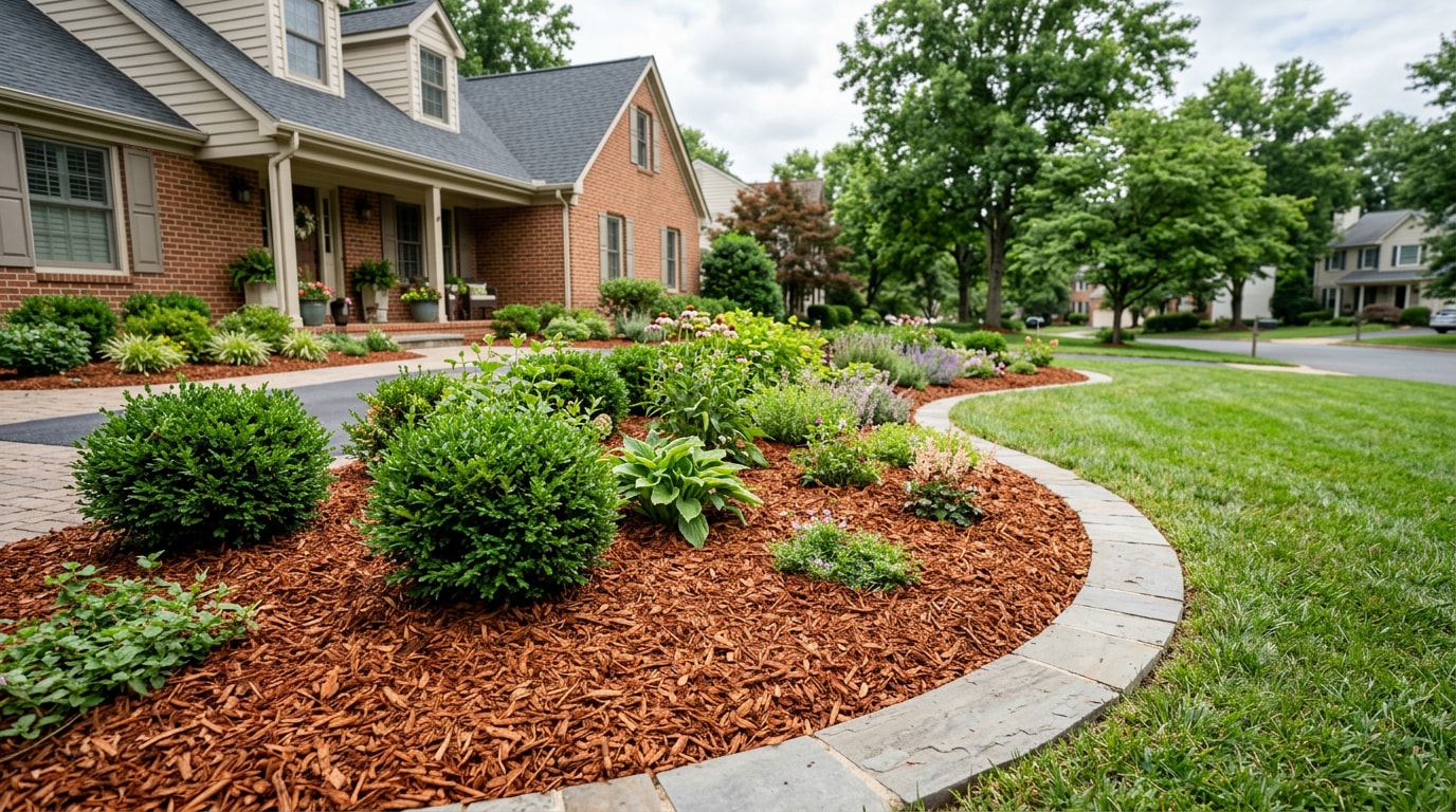 Freshly mulched garden bed with reddish-brown cedar chips around shrubs in a Fairfax, VA yard Freshly mulched garden bed with reddish-brown cedar chips around shrubs in a Fairfax, VA yard
