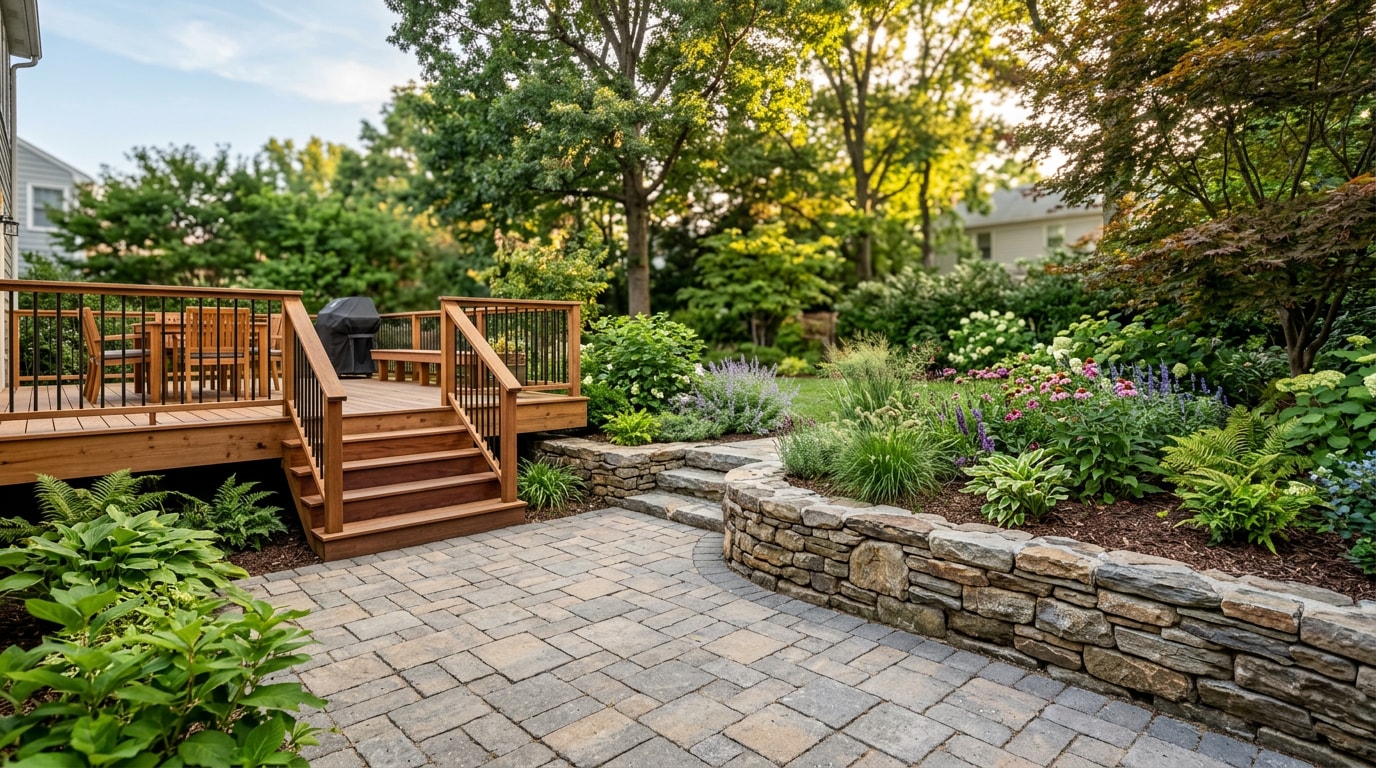 Finished backyard hardscape with a raised deck, paver patio, and stone retaining wall in Arlington, VA Finished backyard hardscape with a raised deck, paver patio, and stone retaining wall in Arlington, VA