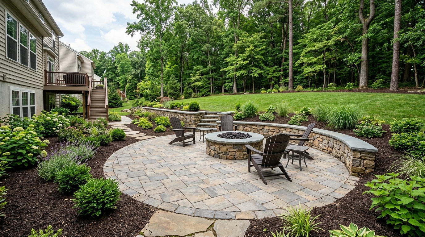 Finished landscape enhancement with paver patio, stone retaining wall, and fire pit in Fairfax, VA Finished landscape enhancement with paver patio, stone retaining wall, and fire pit in Fairfax, VA