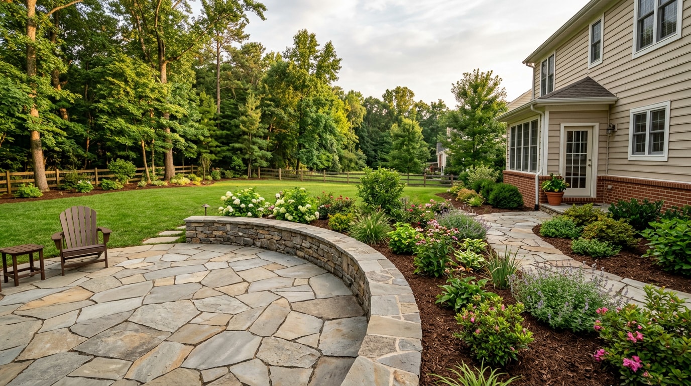 Finished landscape installation with flagstone patio, retaining wall, and planted garden beds in Fairfax County, VA Finished landscape installation with flagstone patio, retaining wall, and planted garden beds in Fairfax County, VA