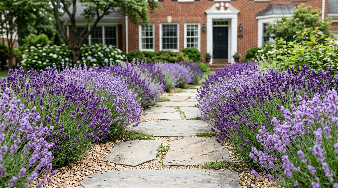 Lavender border blooming along a flagstone walkway in an Arlington, VA front yard Lavender border blooming along a flagstone walkway in an Arlington, VA front yard