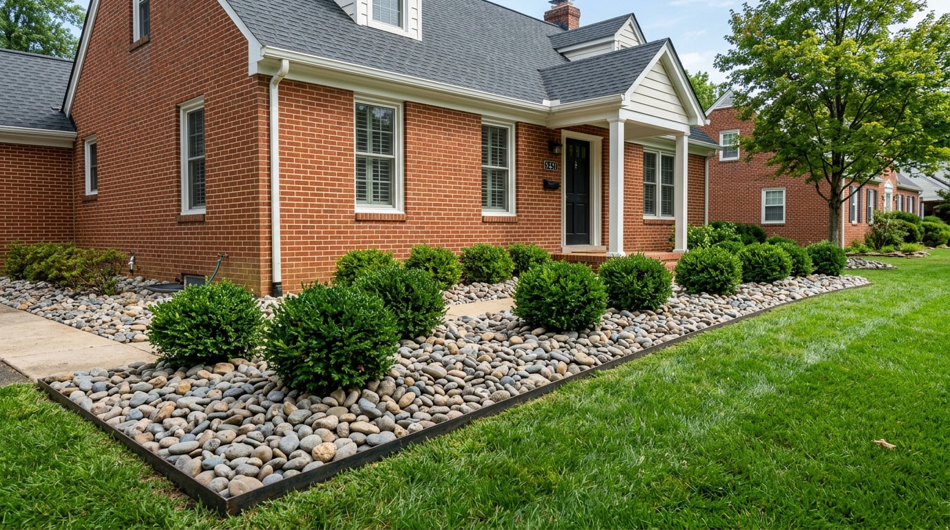 Finished river rock landscaping bed along a home foundation in Arlington, VA Finished river rock landscaping bed along a home foundation in Arlington, VA