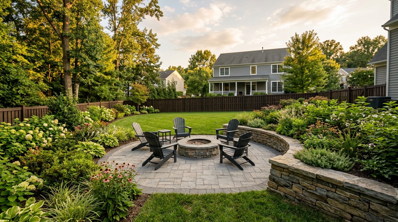 Finished backyard landscaping project in Fairfax, VA with paver patio, fire pit, and layered plantings Finished backyard landscaping project in Fairfax, VA with paver patio, fire pit, and layered plantings